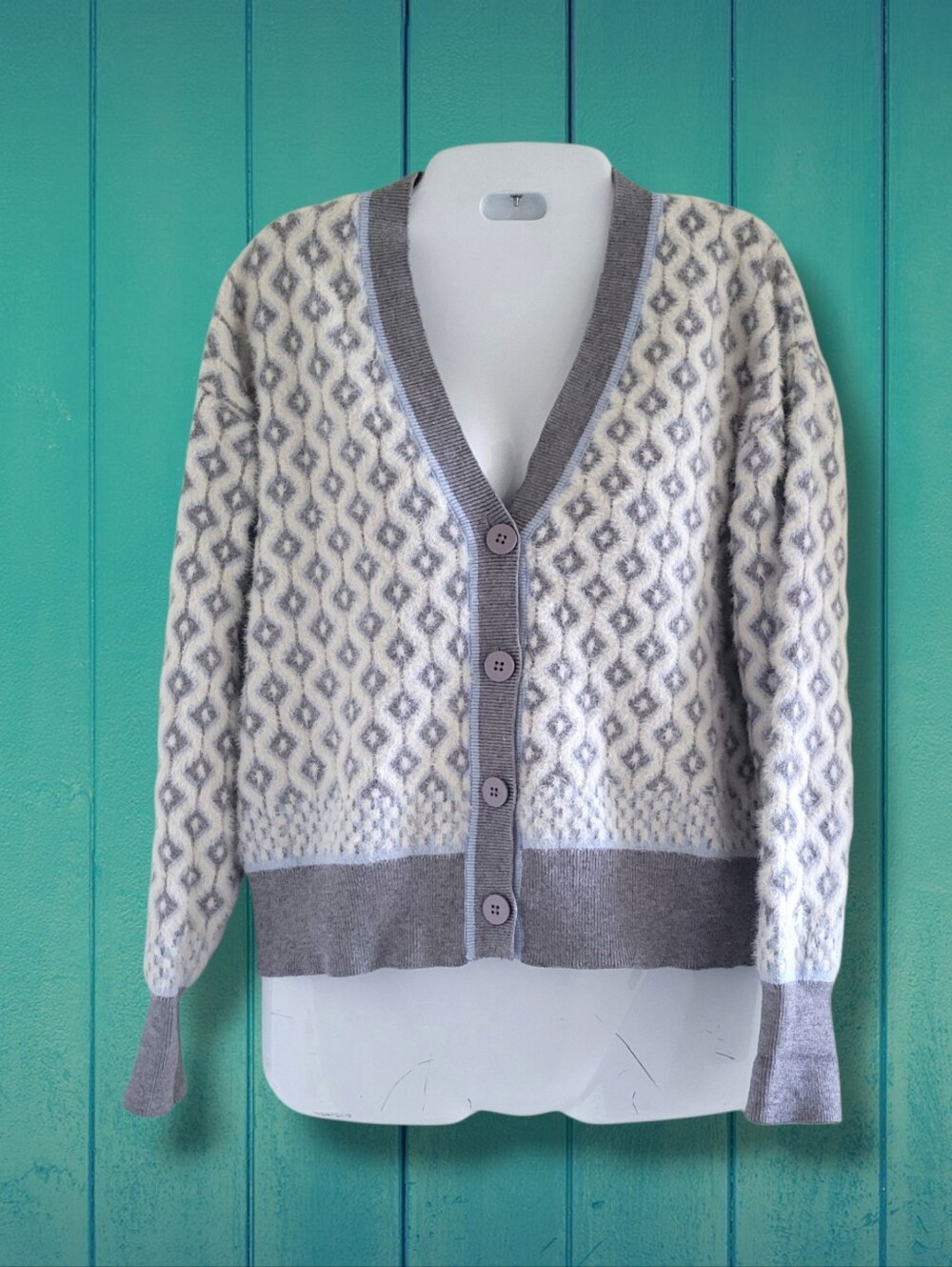 Cupcakes & Cashmere | Cozy Gray/White Geo Fuzzy Knit V-Neck Cardigan